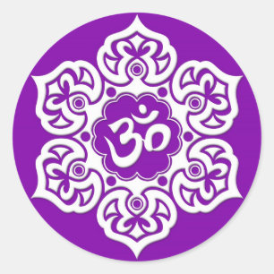 White Lotus Flower Om on Purple Classic Round Sticker