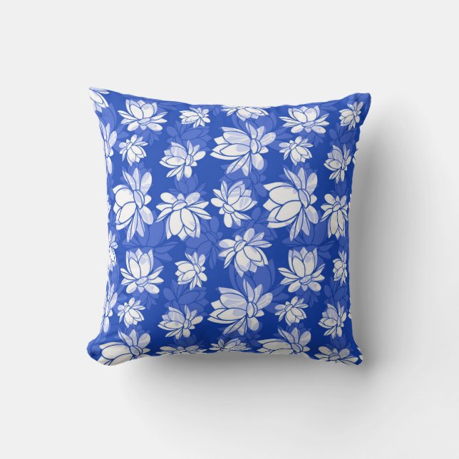 White Lotus Flower Pattern on Blue Background Cushion (Front)