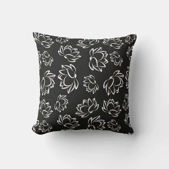 White Lotus Flower Pattern on Grey Background Cushion (Front)