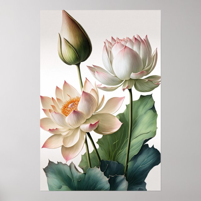 White Lotus Flowers Art Print Poster (Front)