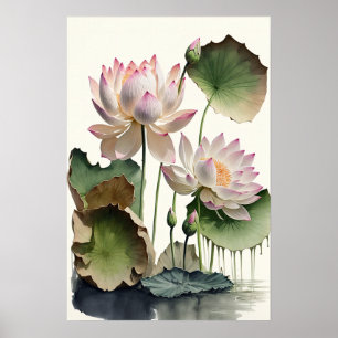 White Lotus Flowers Art Print Poster