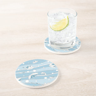White Lotus Flowers on Blue Stripes Coaster