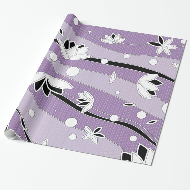 White Lotus Flowers on Purple Stripes Wrapping Paper (Unrolled)