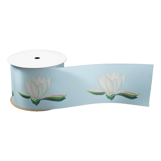 White Lotus Illustration Light Blue Satin Ribbon (Spool)