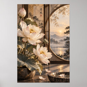 White Lotus Moon Gate Mountain Sunset Wall Art