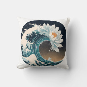 White Lotus & Ocean Wave – Elegance in Motion Cushion