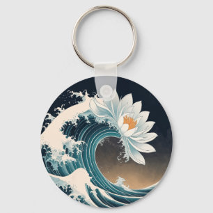 White Lotus & Ocean Wave – Elegance in Motion Key Ring