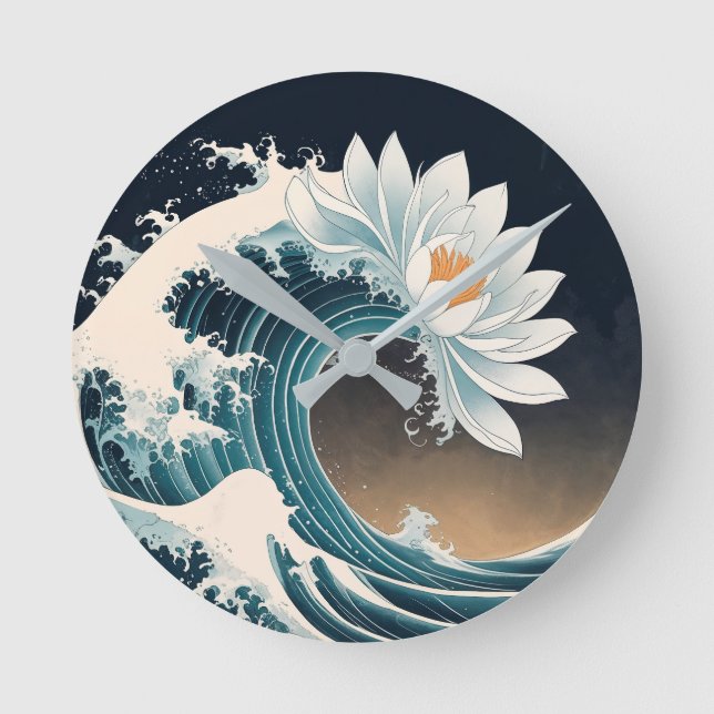 White Lotus & Ocean Wave – Elegance in Motion Round Clock (Front)