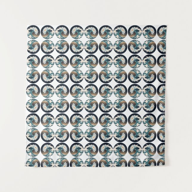 White Lotus & Ocean Wave – Elegance in Motion Tapestry (Front)