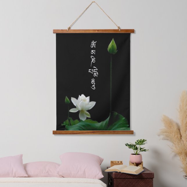 White Lotus Om Mani Padme Hum Buddhist Mantra Hanging Tapestry (Bedroom)