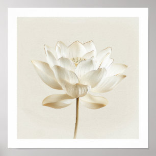 White Lotus Zen Wall Art – Minimal Beige Print