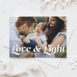 White Love and Light Typography Photo Hanukkah Holiday Postcard<br><div class="desc">Love and light | Send your Hanukkah greetings to family and friends with this customisable Hanukkah postcard. It features retro bold typography. Personalise this photo Hanukkah card by adding your details. This photo Hanukkah postcard is available in other colours and cardstock. Matching items are also available.</div>