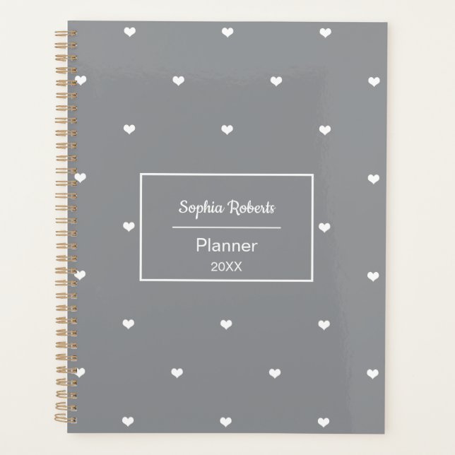 White Love Hearts Grey Pattern Planner (Front)