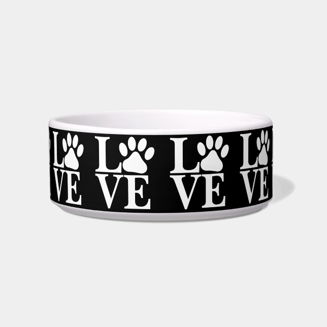 White LOVE Word Dog Paws Pattern Black Background Bowl (Front)