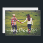 White Lovely Calligraphy Photo Save The Date<br><div class="desc">Whimsical and elegant save the date announcement featuring modern calligraphy and polka dots pattern. Personalise this modern save the date by adding your details. Other colours are available.</div>