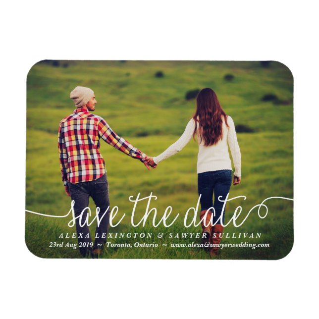 White Lovely Calligraphy Photo Save the Date Magnet (Horizontal)