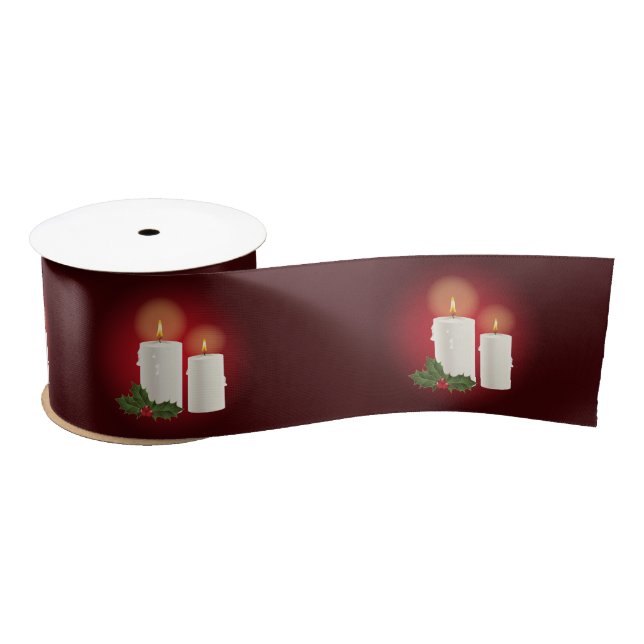 White Lovely Christmas Candles On Red With Holly Satin Ribbon (Spool)