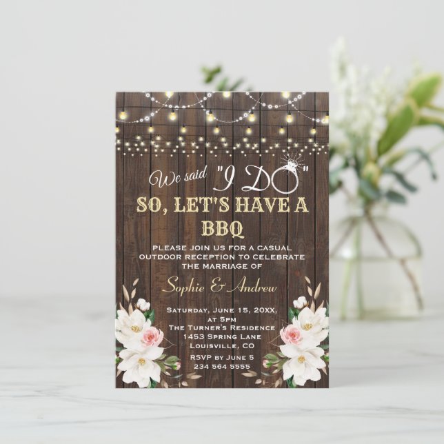 White Magnolia Barn String Lights After I DO BBQ I Invitation (Standing Front)