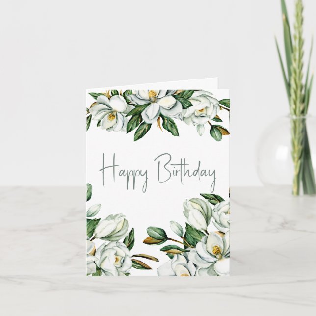 White Magnolia Birthday Card (Front)