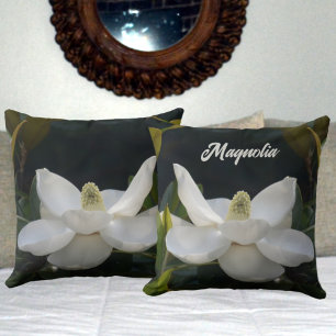 White Magnolia Blossom Floral Botanical Dark Green Cushion