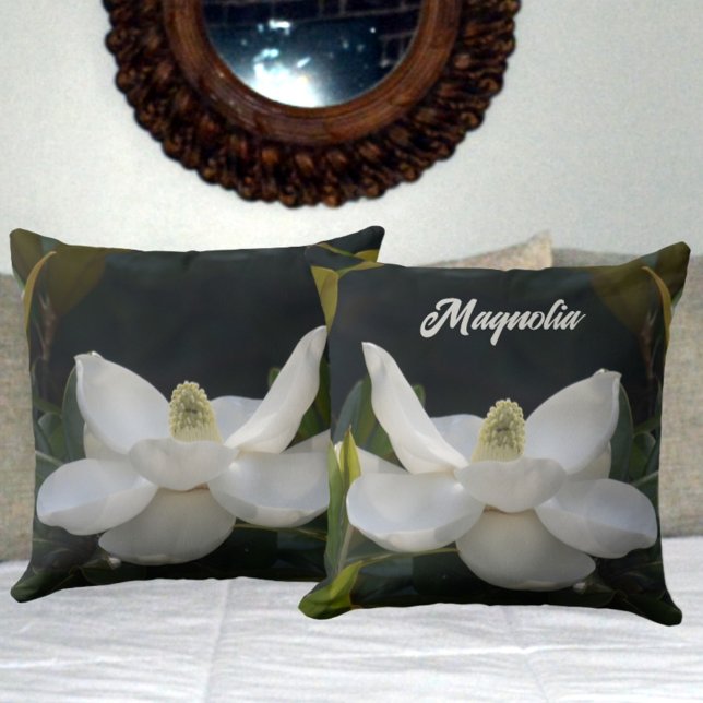 White Magnolia Blossom Floral Botanical Dark Green Cushion (Creator Uploaded)