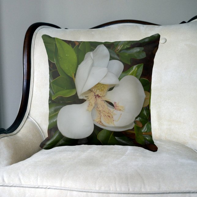 White Magnolia Blossom Floral Green and White Cushion (Creator Uploaded)