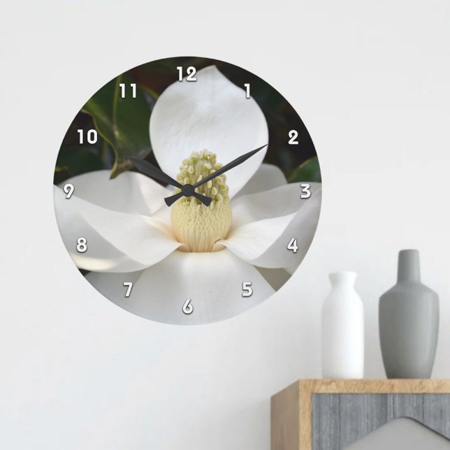 White Magnolia Blossom Photographic Botanical Large Clock (Creator Uploaded)