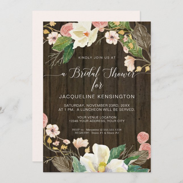 White Magnolia Blush Floral Rustic Barn Wood Invitation (Front/Back)
