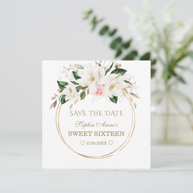 White Magnolia Blush Flowers Gold Sweet Sixteen   Save The Date (Standing Front)