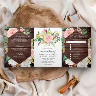 White Magnolia Blush Pink Floral Barn Wood Wedding Tri-Fold Invitation