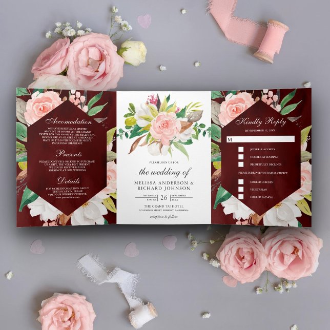 White Magnolia Blush Pink Floral Burgundy Wedding Tri-Fold Invitation (Creator Uploaded)