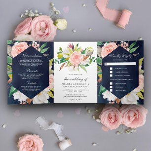 White Magnolia Blush Pink Floral Navy Blue Wedding Tri-Fold Invitation