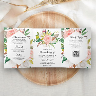 White Magnolia Blush Pink Floral QR Code Wedding Tri-Fold Invitation