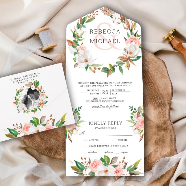 White Magnolia Blush Pink Floral Wreath Wedding All In One Invitation (Creator Uploaded)