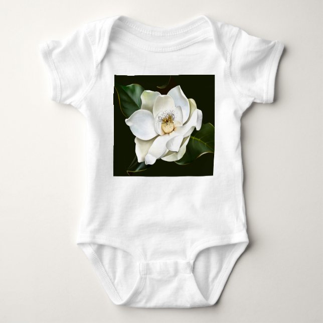 White Magnolia Closeup Green Background Baby Bodysuit (Front)