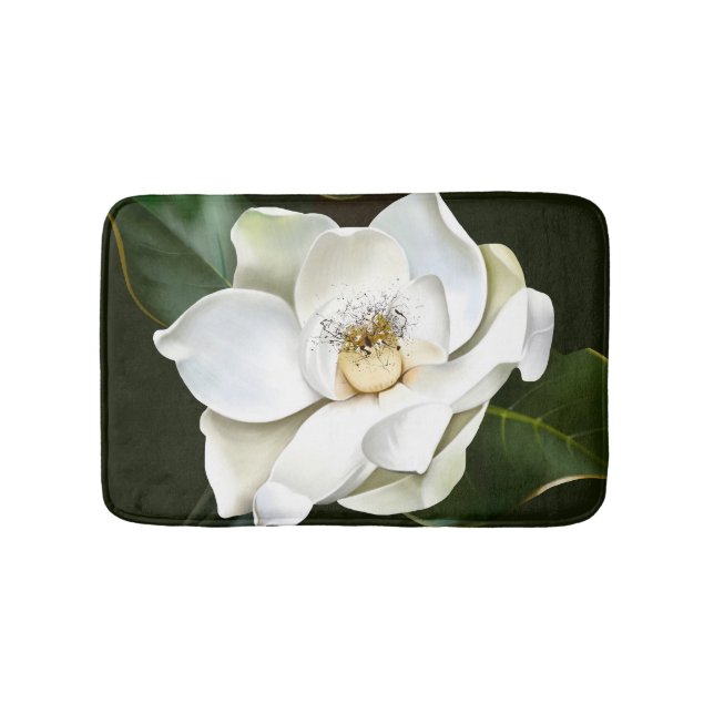 White Magnolia Closeup Green Background Bath Mat (Front)