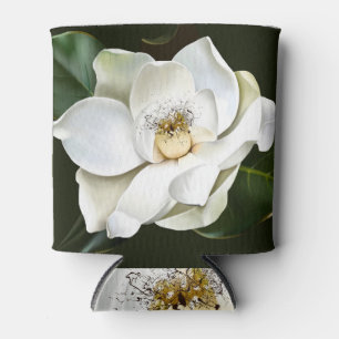 White Magnolia Closeup Green Background Can Cooler