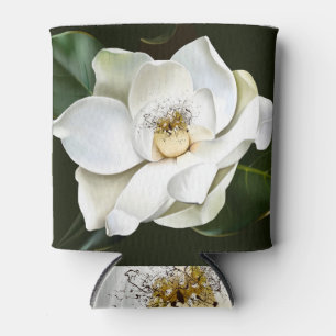 White Magnolia Closeup Green Background Can Cooler