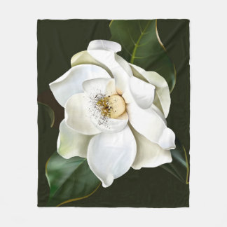 White Magnolia Closeup Green Background Fleece Blanket