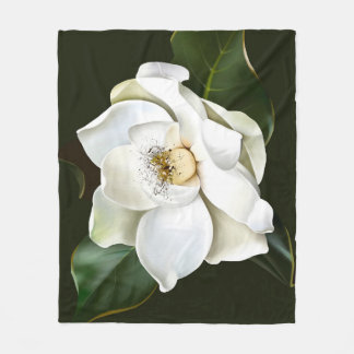 White Magnolia Closeup Green Background Fleece Blanket