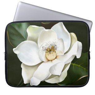 White Magnolia Closeup Green Background Laptop Sleeve