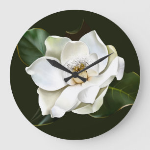 White Magnolia Closeup Green Background Large Clock