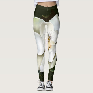 White Magnolia Closeup Green Background Leggings