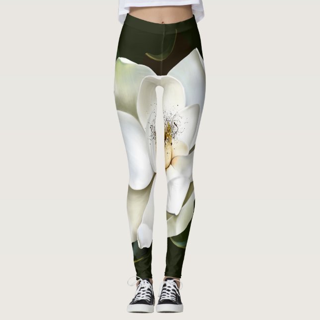 White Magnolia Closeup Green Background Leggings (Front)