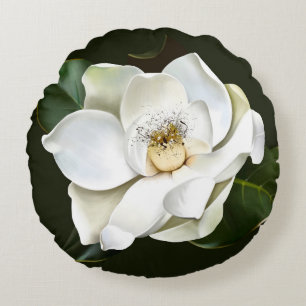 White Magnolia Closeup Green Background Round Cushion