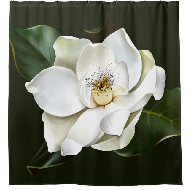 White Magnolia Closeup Green Background Shower Curtain (Front)