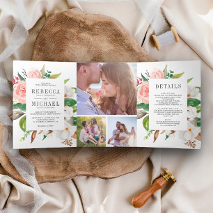 White Magnolia Cotton Blush Pink Floral Wedding Tri-Fold Invitation