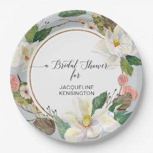 White Magnolia Dusty Blue Floral Watercolor Leaf Paper Plate