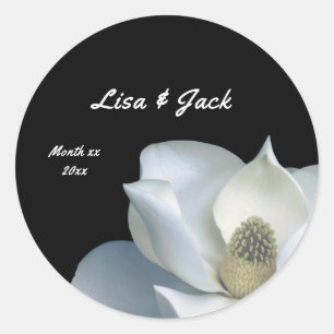 White Magnolia Elegant Black and White Wedding Classic Round Sticker
