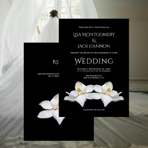 White Magnolia Elegant Floral on Black Wedding Invitation